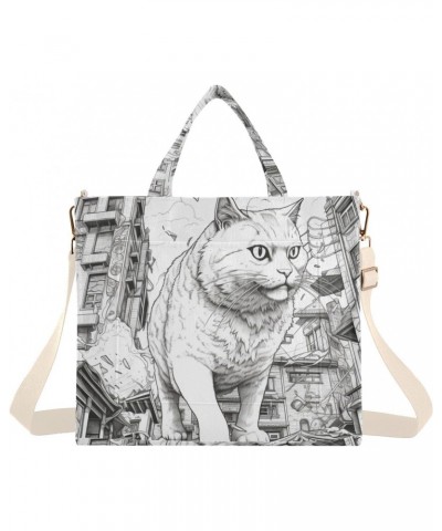 Corduroy Women Tote Bag Huge Cat Drawing Print, Handbag Purses with Detachable Strap Small Size $11.80 Crossbody Bags