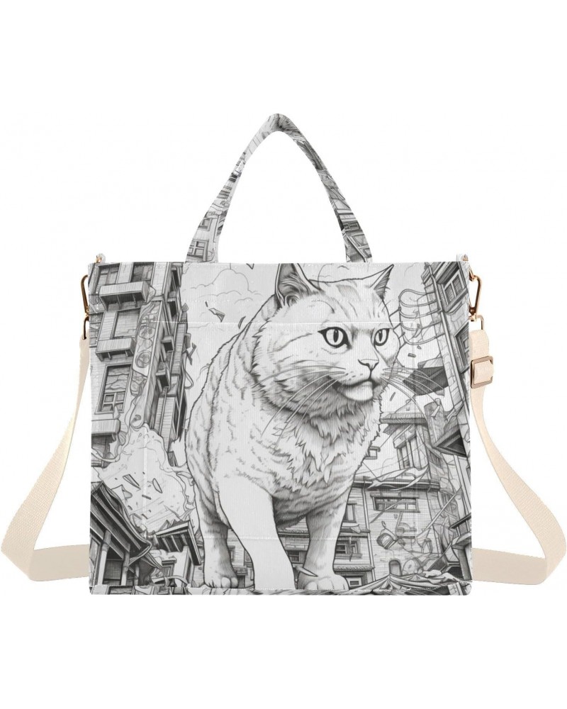 Corduroy Women Tote Bag Huge Cat Drawing Print, Handbag Purses with Detachable Strap Small Size $11.80 Crossbody Bags