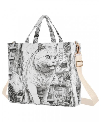 Corduroy Women Tote Bag Huge Cat Drawing Print, Handbag Purses with Detachable Strap Small Size $11.80 Crossbody Bags