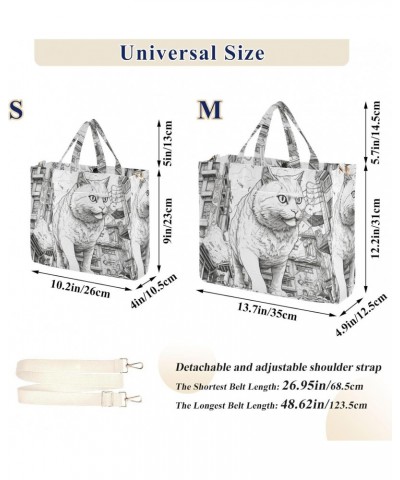 Corduroy Women Tote Bag Huge Cat Drawing Print, Handbag Purses with Detachable Strap Small Size $11.80 Crossbody Bags