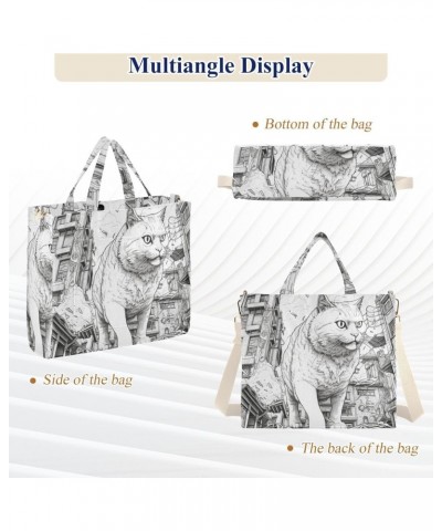 Corduroy Women Tote Bag Huge Cat Drawing Print, Handbag Purses with Detachable Strap Small Size $11.80 Crossbody Bags