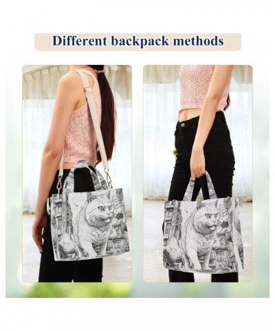 Corduroy Women Tote Bag Huge Cat Drawing Print, Handbag Purses with Detachable Strap Small Size $11.80 Crossbody Bags