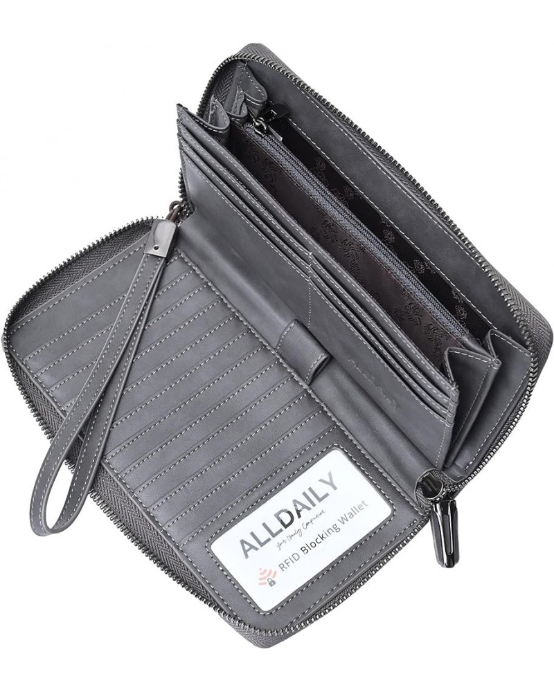 Women's RFID Blocking Leather Zip Around Wallet Large Phone Holder Clutch Travel Purse Wristlet (Grey) Grey $10.25 Wallets