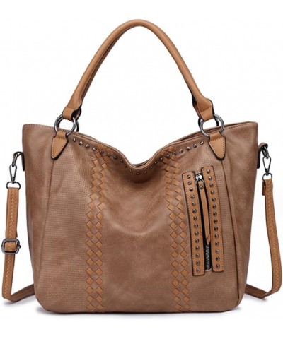 Women Hobo Tote Purse and Handbag Rivet Satchel Faux Leather Zip Crossbody Shoulder Bag Dark Apricot $15.20 Totes