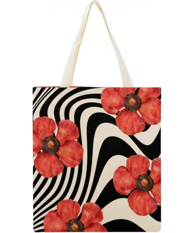 Red Flowers Horizontal Stripes Canvas Reusable Grocery Bags, Shopping Bag for Library, Inspirational Gifts for Friends Style-...