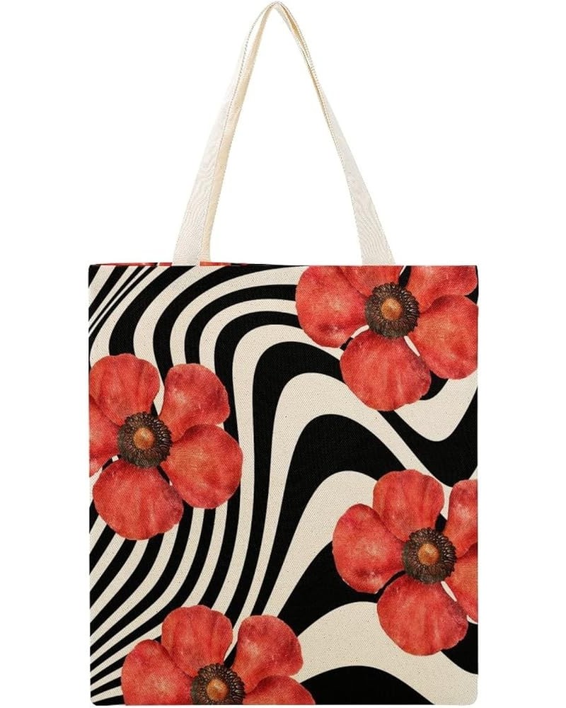 Red Flowers Horizontal Stripes Canvas Reusable Grocery Bags, Shopping Bag for Library, Inspirational Gifts for Friends Style-...