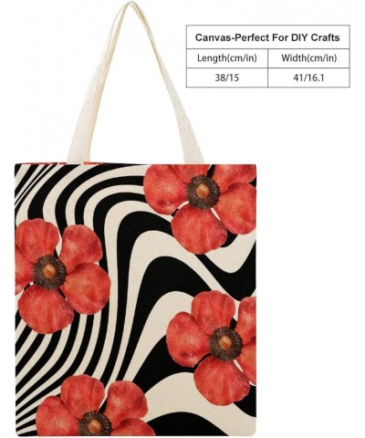 Red Flowers Horizontal Stripes Canvas Reusable Grocery Bags, Shopping Bag for Library, Inspirational Gifts for Friends Style-...