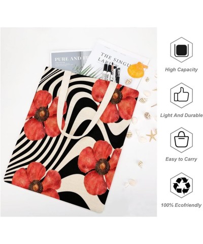 Red Flowers Horizontal Stripes Canvas Reusable Grocery Bags, Shopping Bag for Library, Inspirational Gifts for Friends Style-...