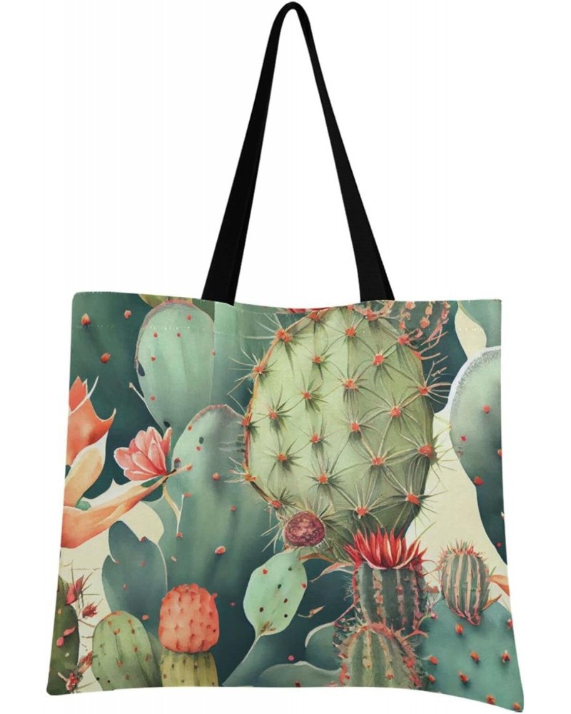 Vintage Cactus Canvas Tote Bag Aesthetic for Women Vintage Cactus Print with Inner Pocket, Big Storage Shoulder Bag Grocery B...