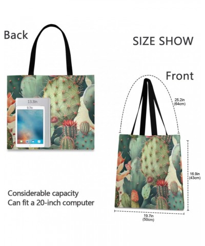 Vintage Cactus Canvas Tote Bag Aesthetic for Women Vintage Cactus Print with Inner Pocket, Big Storage Shoulder Bag Grocery B...