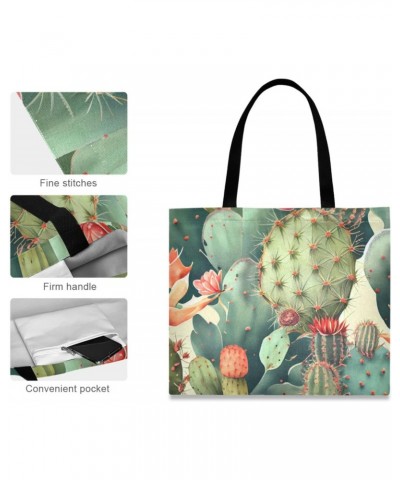 Vintage Cactus Canvas Tote Bag Aesthetic for Women Vintage Cactus Print with Inner Pocket, Big Storage Shoulder Bag Grocery B...