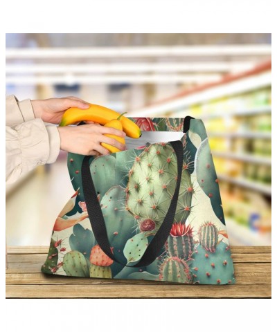 Vintage Cactus Canvas Tote Bag Aesthetic for Women Vintage Cactus Print with Inner Pocket, Big Storage Shoulder Bag Grocery B...