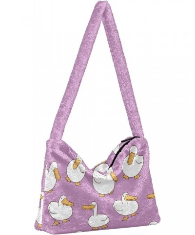 Cartoon Duck Print Plush Shoulder Bag Furry Tote Handbag Purse Faux Fur Crossbody Bag for Women $12.97 Shoulder Bags