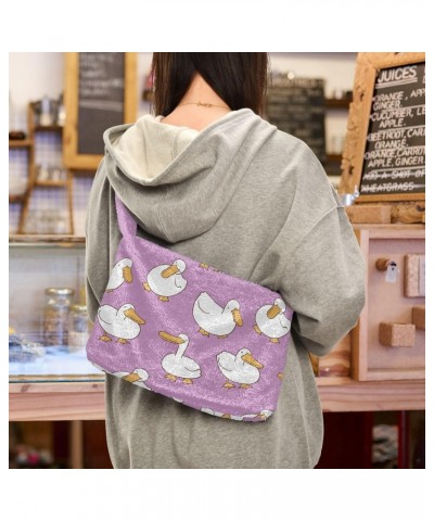 Cartoon Duck Print Plush Shoulder Bag Furry Tote Handbag Purse Faux Fur Crossbody Bag for Women $12.97 Shoulder Bags