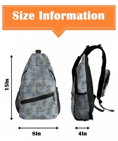 Sling Bag Crossbody Bag for Women Men Vintage Nautical Map Anchor Gray Wood Grain Waterproof Hiking Backpack Lightweight Ches...