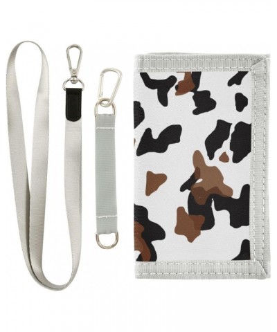 Brown and Black Cow Print Trifold Wallet Fabric Wallet Small Nylon Wallet Card Wallet with Lanyard $8.50 Wallets