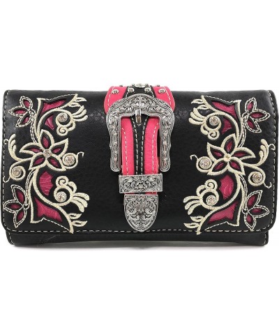 Western Floral Rhinestone Side Pocket Cross Slim Handle Conceal Carry Handbag Purse Tote and Strap Wallet Black Hot Pink Wall...