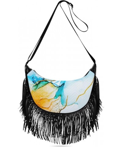 Women Fringe Tassel Cross Body Bag Gray Watercolor Marble Leisure Shoulder Bag Color418 $10.84 Crossbody Bags