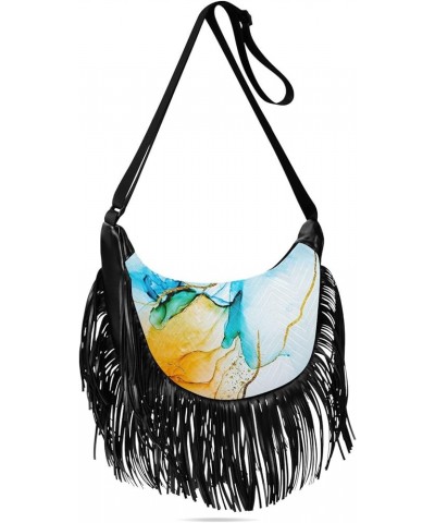 Women Fringe Tassel Cross Body Bag Gray Watercolor Marble Leisure Shoulder Bag Color418 $10.84 Crossbody Bags