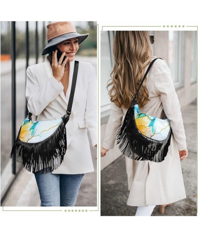 Women Fringe Tassel Cross Body Bag Gray Watercolor Marble Leisure Shoulder Bag Color418 $10.84 Crossbody Bags