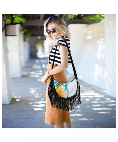 Women Fringe Tassel Cross Body Bag Gray Watercolor Marble Leisure Shoulder Bag Color418 $10.84 Crossbody Bags