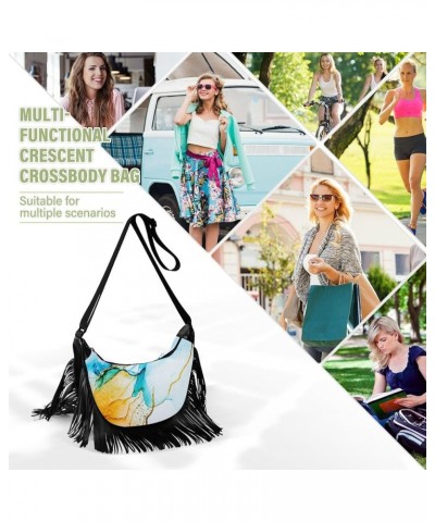 Women Fringe Tassel Cross Body Bag Gray Watercolor Marble Leisure Shoulder Bag Color418 $10.84 Crossbody Bags