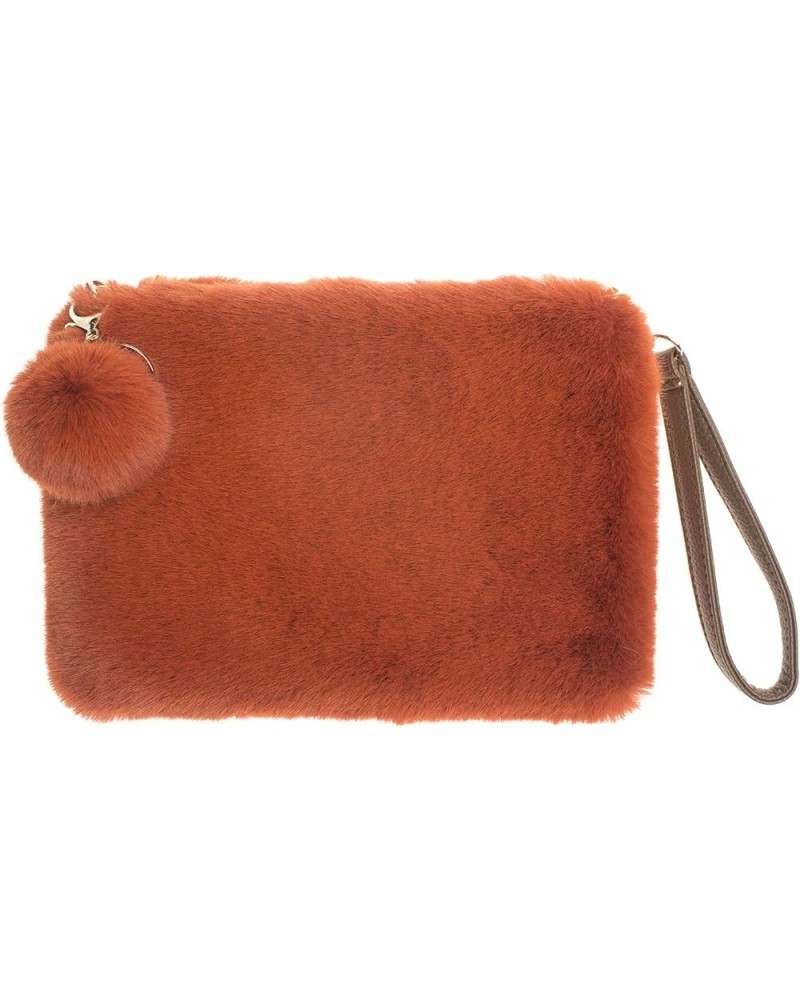 Womens Soft Eco Fur Fluffy Wristlet Purse Pompom Clutch Bag Burntorange $15.59 Wristlets