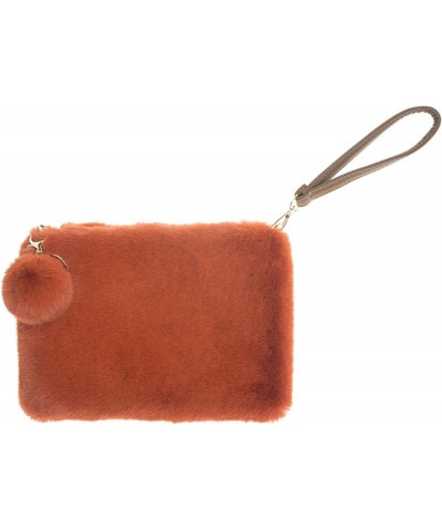 Womens Soft Eco Fur Fluffy Wristlet Purse Pompom Clutch Bag Burntorange $15.59 Wristlets