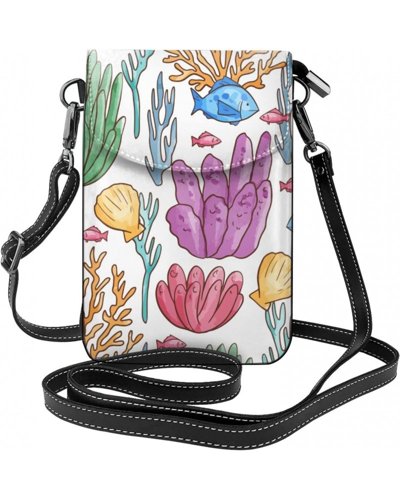 Watercolor Coral Pattern Leather Cell Phone Crossbody Wallet Purses Small Crossbody Bags for Women $20.05 Crossbody Bags