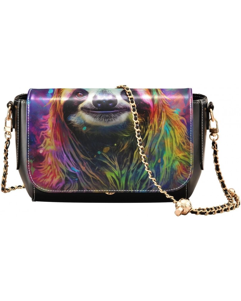 Women's Crossbody Handbags Leather Shoulder Bags Wallet Black Flap (Colorful Sloth) Print Adjustable Chain Straps Satchel Bag...