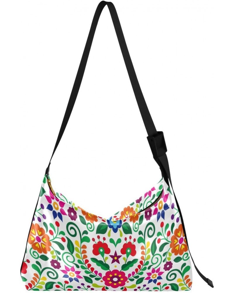 Mexican Folk Colorful Flower Crossbody Bags for Women PU Leather Large Shoulder Bag Hobo Purse $16.82 Hobo Bags