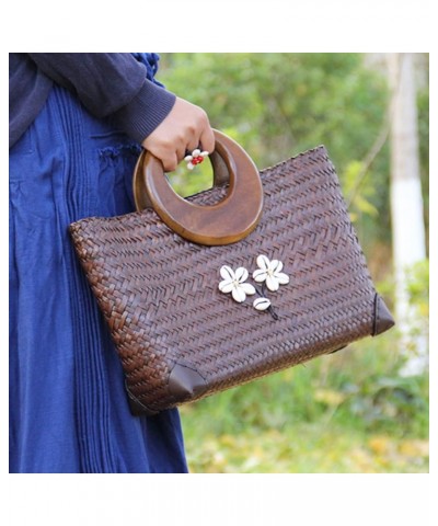 Summer Beach Bag, Boho Handmade Rattan Handbag, Round Wooden Handle, Large Straw Retro patternTote Bag for Beach Vacation Dai...