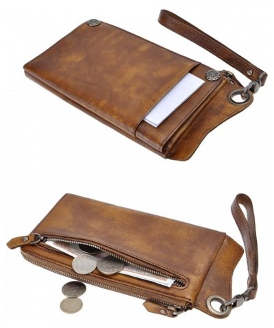 Vintage Handmade Dip-dye Leather Wallet Card Holder Long Clutch with Detachable Wristlet (Brown) Brown $28.56 Wallets