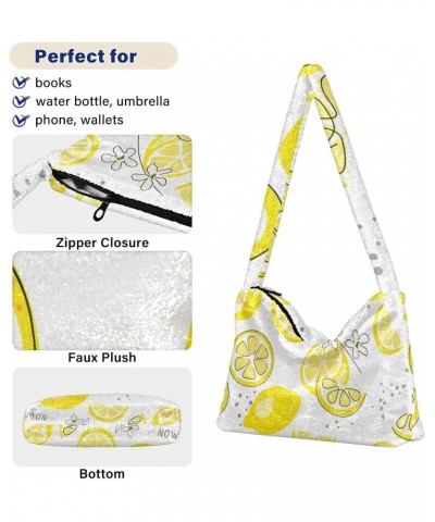 Yellow Lemon Furry Tote Bag for Women Crossbody Bag Shoulder Purse Handbag Puffer Tote with Zipper for Fall Winter $8.61 Totes