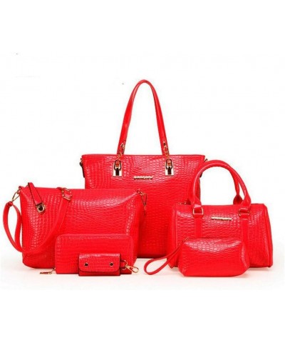 Women's Six-piece Pu Crocodile Pattern Bag Casual Fashion Female Handbag Red $43.43 Handbags