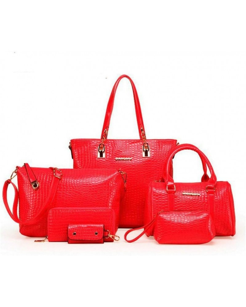 Women's Six-piece Pu Crocodile Pattern Bag Casual Fashion Female Handbag Red $43.43 Handbags