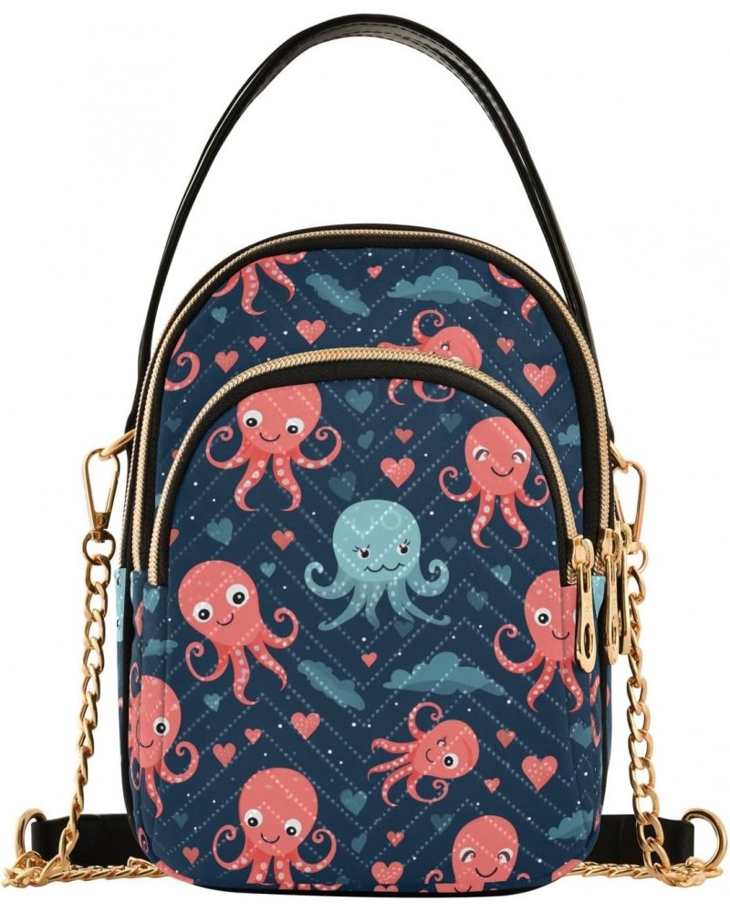 Women Crossbody Handbag Cartoon Funny Octopus Pattern Quilted Chain Bag $15.33 Crossbody Bags