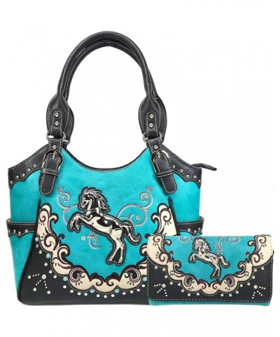 Mustang Horse Handbag Purse For Girls Women Concealed Carry Turquoise Tote Wallet Set $14.78 Shoulder Bags