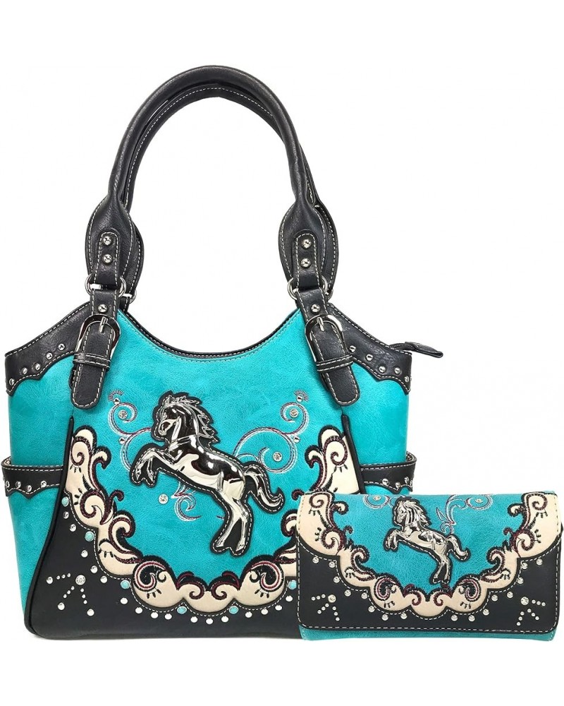 Mustang Horse Handbag Purse For Girls Women Concealed Carry Turquoise Tote Wallet Set $14.78 Shoulder Bags