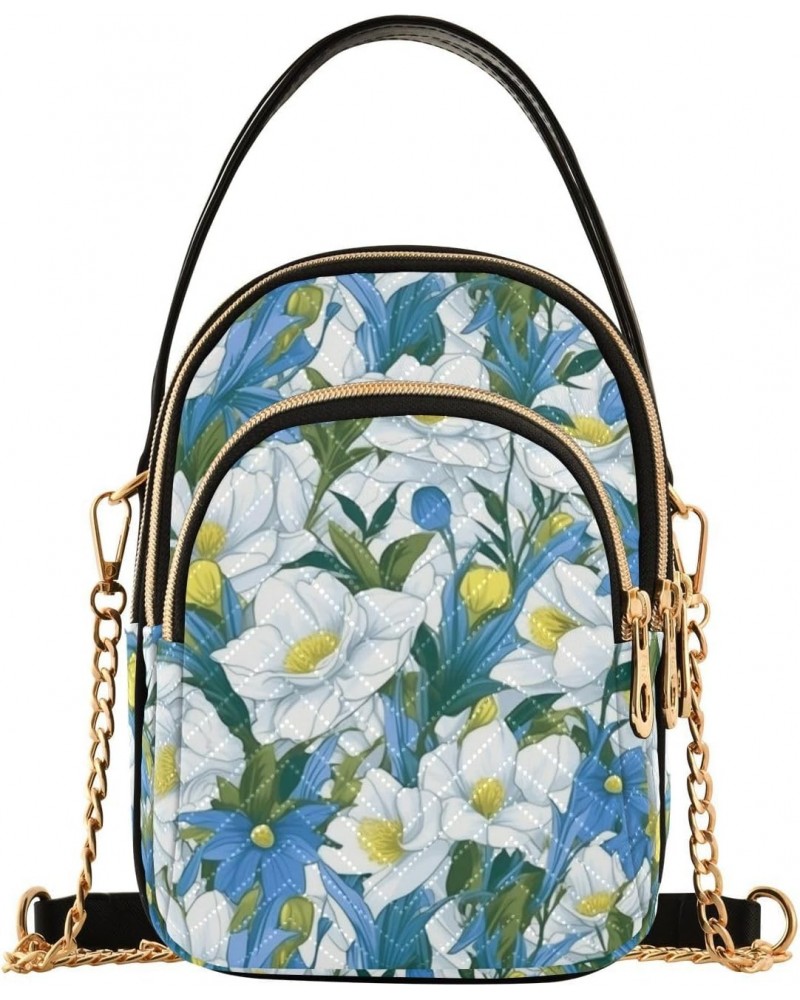 Quilted Shoulder Handbag for Women White and Blue Flowers Crossbody Handbag with Detachable Leather Chain Shoulder Strap $13....