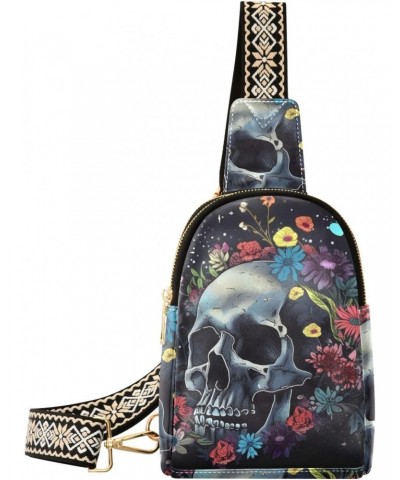 Women's Sling Bag Vivid Flower Skull Print with Adjustable Strap Zipper Closure, PU Leather Water Resistant Crossbody Bag Pur...