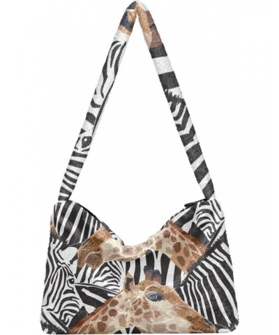 Zebra Giraffe Furry Tote Bag for Women Crossbody Bag Shopping Shoulder Bag Handbag with Zipper for Winter $10.70 Totes