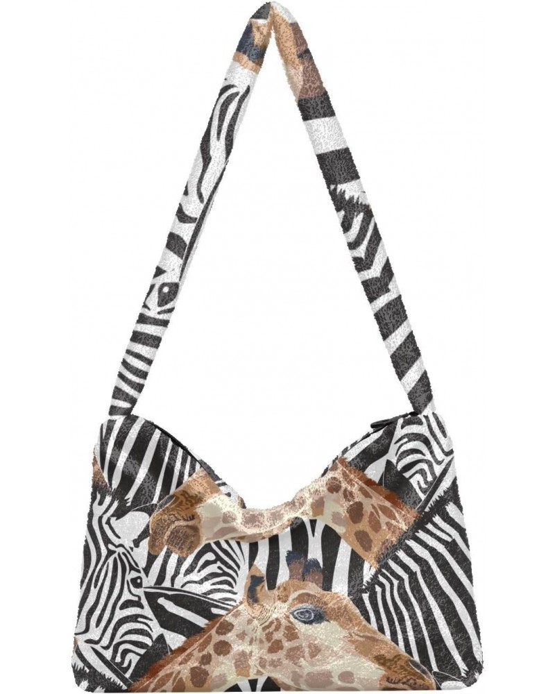 Zebra Giraffe Furry Tote Bag for Women Crossbody Bag Shopping Shoulder Bag Handbag with Zipper for Winter $10.70 Totes