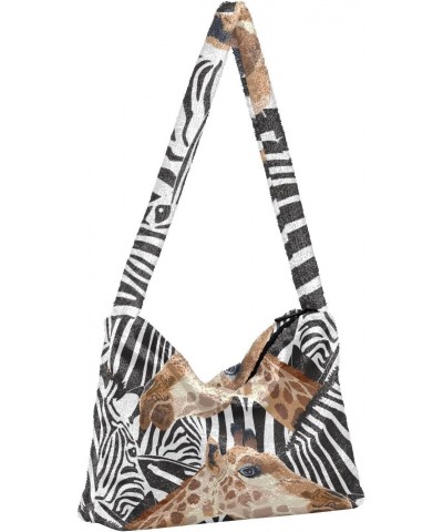 Zebra Giraffe Furry Tote Bag for Women Crossbody Bag Shopping Shoulder Bag Handbag with Zipper for Winter $10.70 Totes