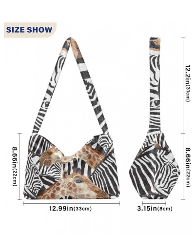 Zebra Giraffe Furry Tote Bag for Women Crossbody Bag Shopping Shoulder Bag Handbag with Zipper for Winter $10.70 Totes