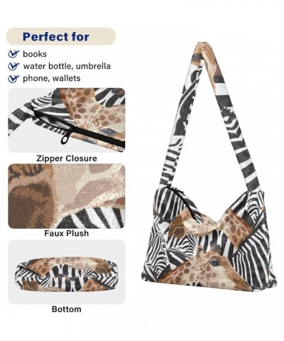 Zebra Giraffe Furry Tote Bag for Women Crossbody Bag Shopping Shoulder Bag Handbag with Zipper for Winter $10.70 Totes