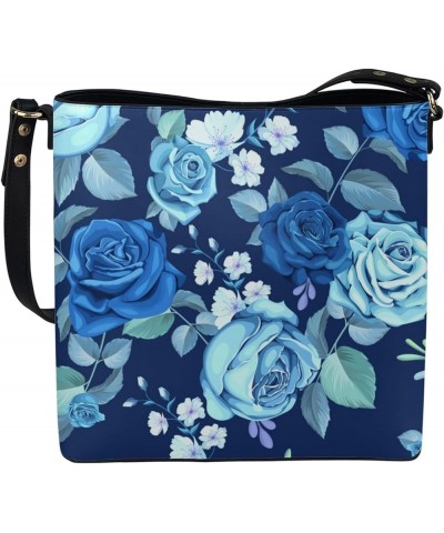 Handbags for Women Large Capacity Hobo Bags Leather Bucket Top-handle Purse Blue Rose $18.86 Crossbody Bags