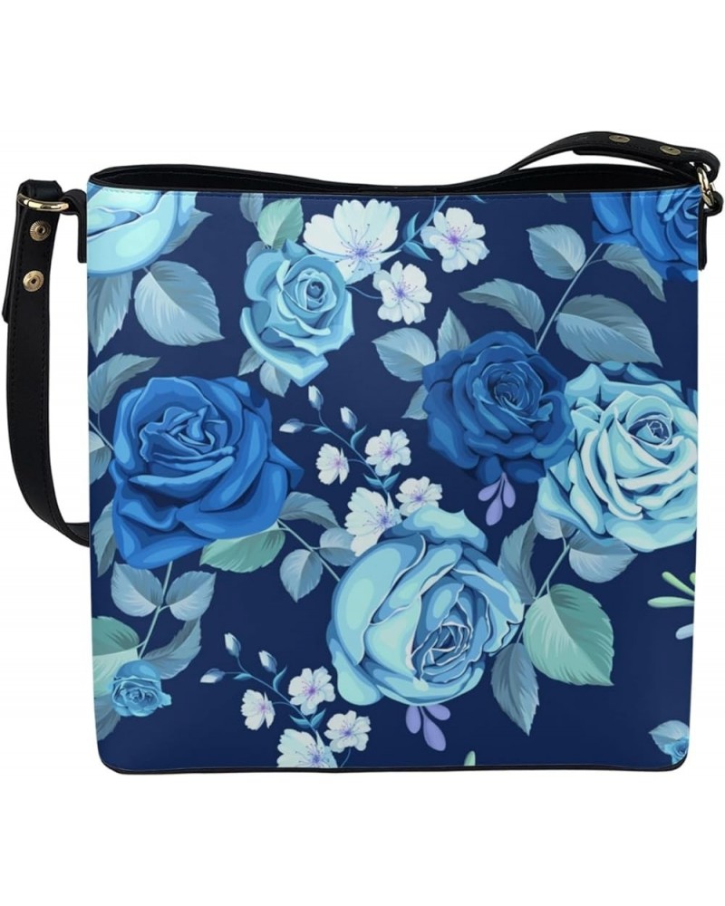 Handbags for Women Large Capacity Hobo Bags Leather Bucket Top-handle Purse Blue Rose $18.86 Crossbody Bags