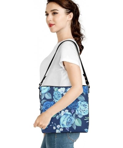 Handbags for Women Large Capacity Hobo Bags Leather Bucket Top-handle Purse Blue Rose $18.86 Crossbody Bags