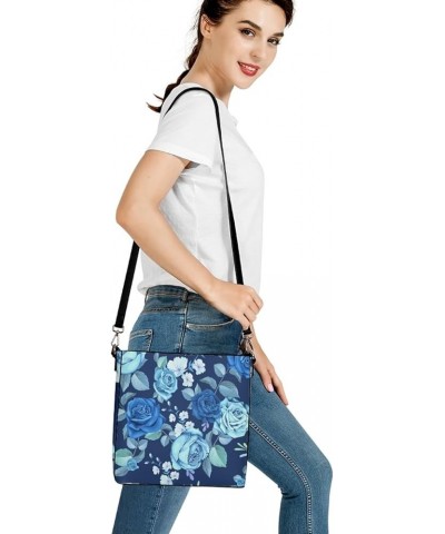 Handbags for Women Large Capacity Hobo Bags Leather Bucket Top-handle Purse Blue Rose $18.86 Crossbody Bags